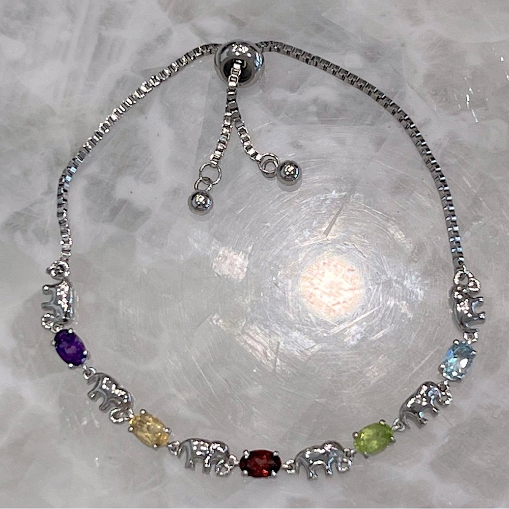 Multigemstone Silver Elephant BOLO Bracelet - Picture 1 of 11